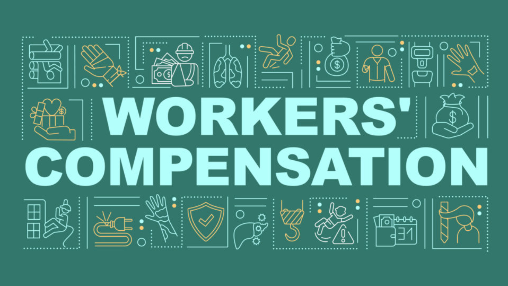 Workers compensation program word concepts banner. Protection employer legal right. Infographics with linear icons on dark green background. Isolated typography. Vector outline RGB color illustration